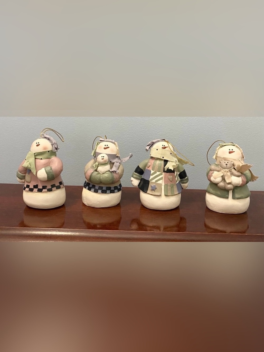 CMI Henton Vintage Snowman Family Set of 4 Pastel Hanging Christmas Ornaments